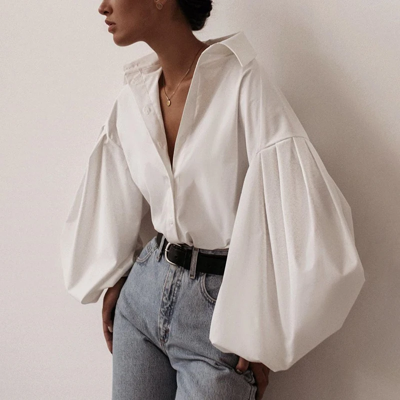 WannaThis, повседневная женская блуза с рукавом-фонариком и v-образным вырезом, Осень-зима, новая модная белая уличная тонкая рубашка