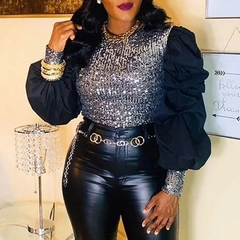 

XXL Sequined Blouse Shirt Women Mock Neck Long Sleeve Tshirt Elegant Ladies Puff Sleeve Top Plus Size Sequined Blouse Party Top