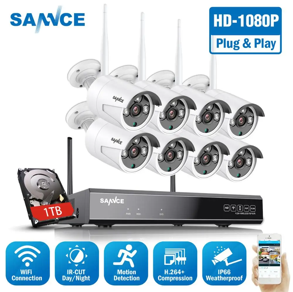 SANNCE 8CH HD 1080P беспроводная видео система безопасности HDMI 1080P NVR с 8 шт 1080P Открытый Всепогодный wifi IP камера CCTV набор