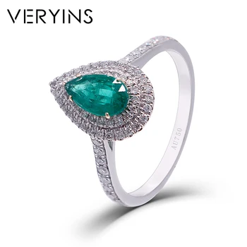 

Veryins 18k 750 White Gold Pear Shaped Natural Emerald Double Halo Party Ring for Women Gift