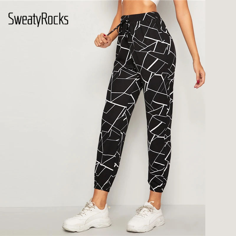 SweatyRocks черные штаны с геометрическим принтом и завязками на талии, одежда для активного отдыха, зауженные брюки с высокой талией, осенние женские повседневные штаны с эластичной талией