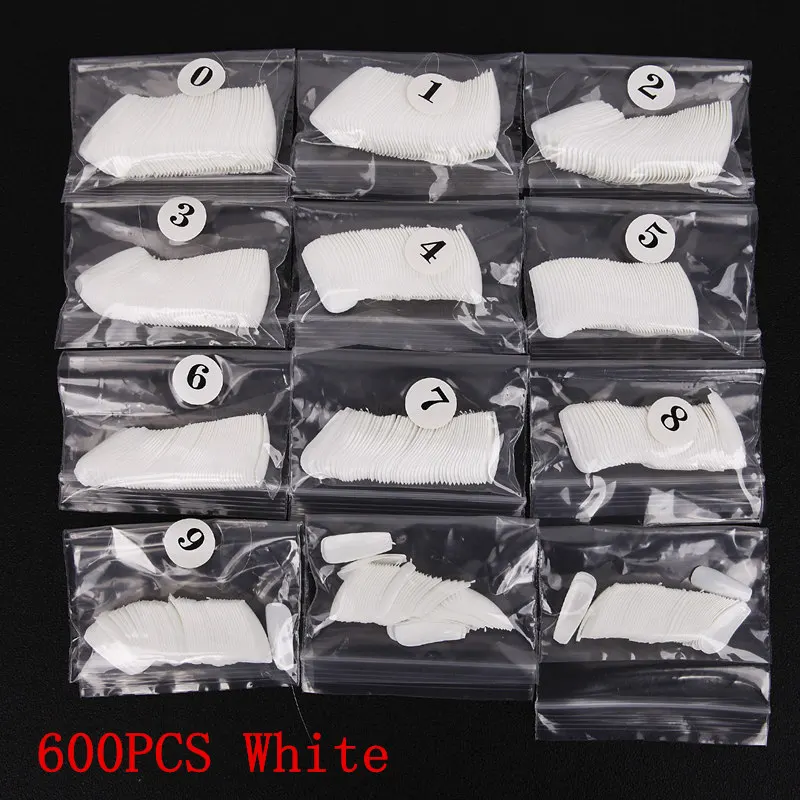 white- 600pcs 100/600 шт Балерина для маникюра, чистые/натуральные накладные ногти в гробу, кончики для маникюра, плоская форма, полное покрытие, инструмент для маникюра - Цвет: white- 600pcs