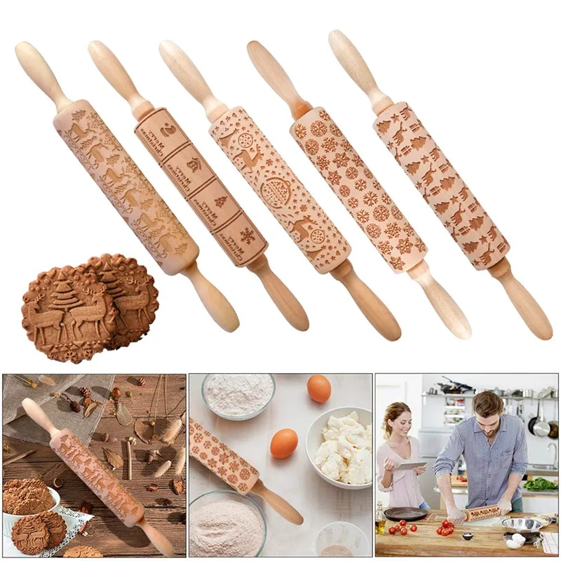 Elk Wooden Christmas Embossing Rolling Pin Merry Christmas Decorations For Home Navidad Decor Noel Dessert Tools New Year