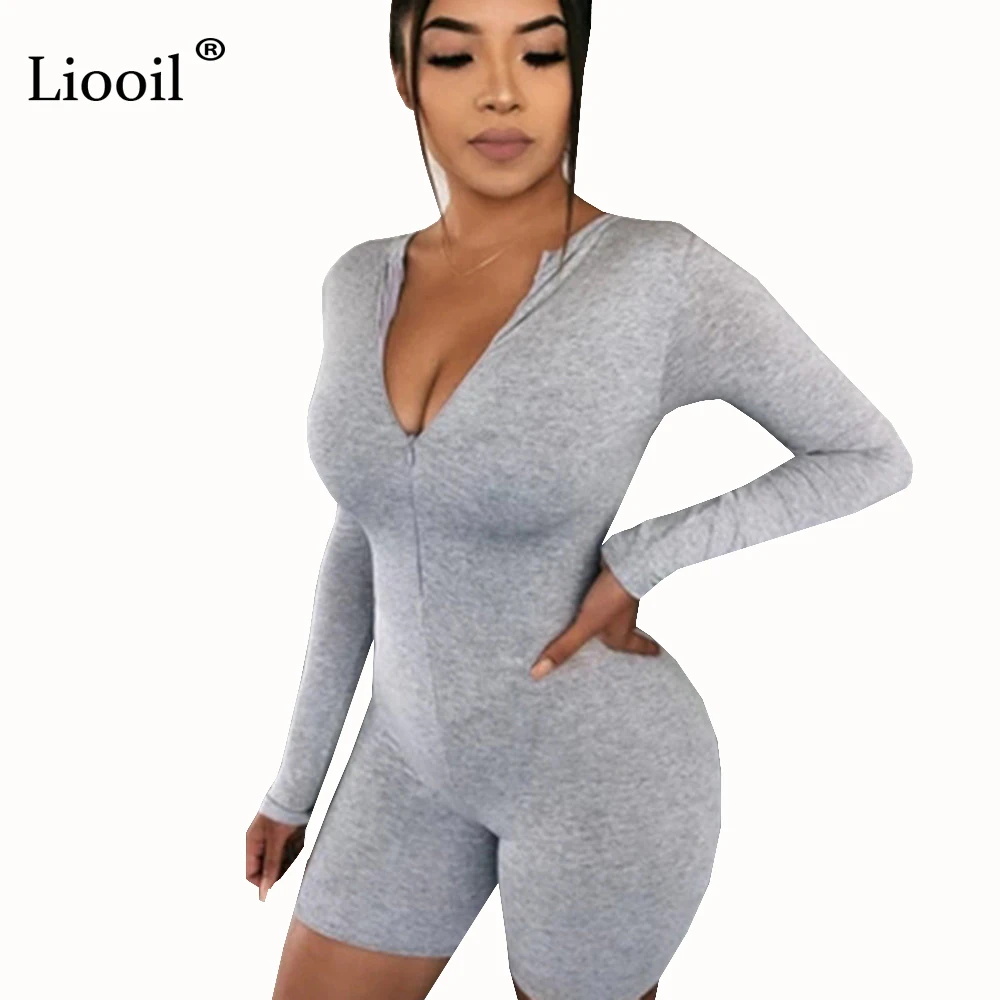 Liooil Black Gray Bodycon Playsuit Women Wear On Both Sides Sexy Jumpsuit Autumn 2020 Zip Up Party Club Romper Jumpsuits Shorts