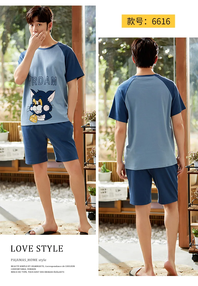 Sleepwear Set Cotton Men Nightwear L-3XL Pajama Men Short Cartoon Printed O-Neck Patchwork Blue Cats Printing Summer Homewear mens pjs set
