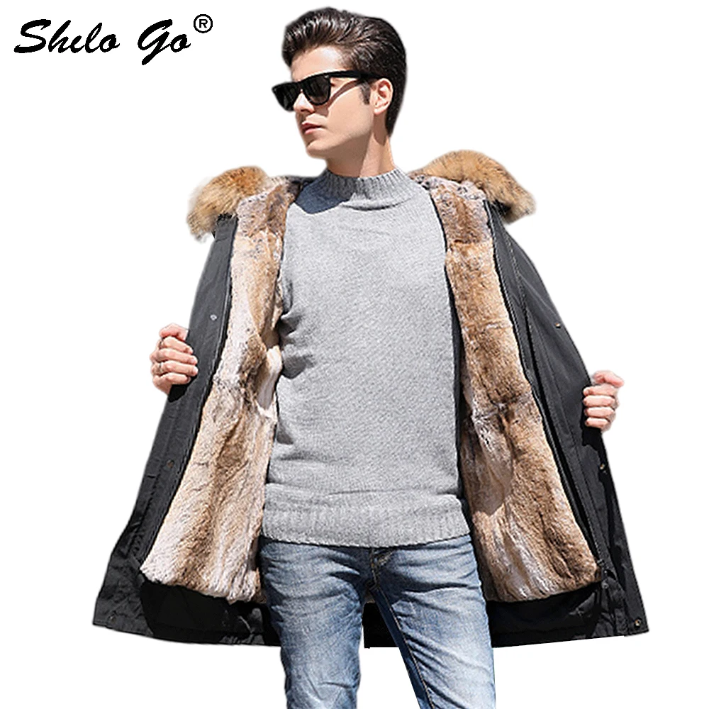 

Fur Coat Safari Style Real Raccoon Fur Collar Thick Warm Rabbit Fur Lining Long Coat Men Winter Casual Thermal Padded Outwear