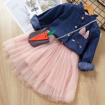 

Baby Girls Dress 3-8T Casual New Autumn Long Sleeve Denim Dress Tops Blouse+Mesh Design Dress+Cartoon Bag Suits Costume Set