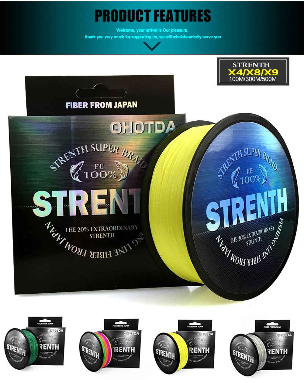 GHOTDA Braided Fishing Line 8 Strands 9 Strands 4 Strands Yellow 100M 150M 300M 500M Cord linha multifilamento 4/8/9 Fishing