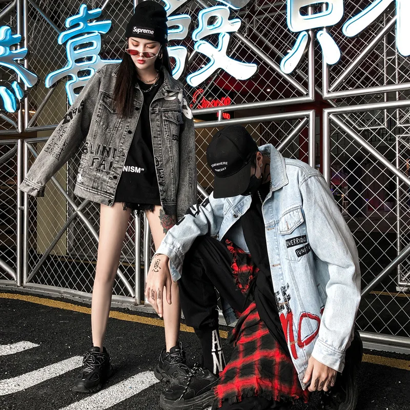 BF Harajuku граффити джинсовая куртка весна осень Винтаж Пара куртка для мужчин и женщин с буквенным принтом свободные хип-хоп джинсы джинсовая куртка