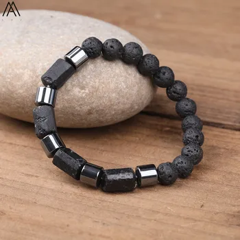 

Natural Black Tourmaline Nugget Beads 8mm Black Lava Round Beads Elastic String Bracelet Boho Women Healing Bracelet N0386AMG