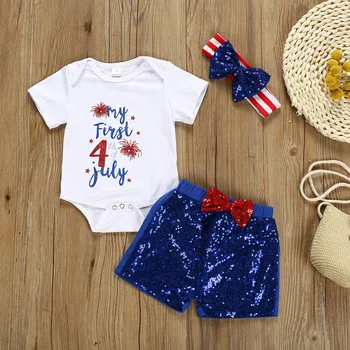 

Toddler Girls Clothes Set Baby 4th Of July Blue And White Patriotic Tops Sequins Shorts Outfits Independence Day Girls Clothing