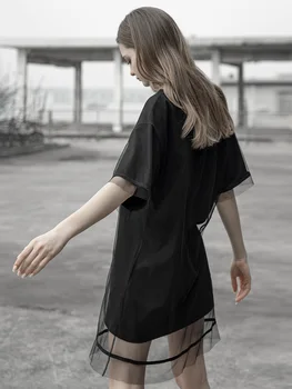 

PUNKRAVE Punk Fake Two-piece Loose Printed Mesh Dress Summer Street Wind T-shirt Skirt T-shirt Dress