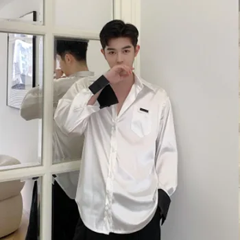 

Men Silky Material College Style Tie Retro Fashion Casual Long Sleeve Shirts Male Streetwear Vintage Loose Dress Shirts