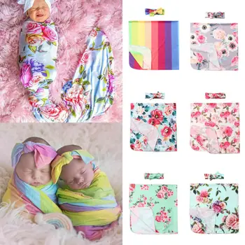 

2Pcs Newborn Baby Floral Swaddling Wrap Blanket Cotton Princess Floral Printed Sleeping Bag+Headband Set Muslin Swaddle