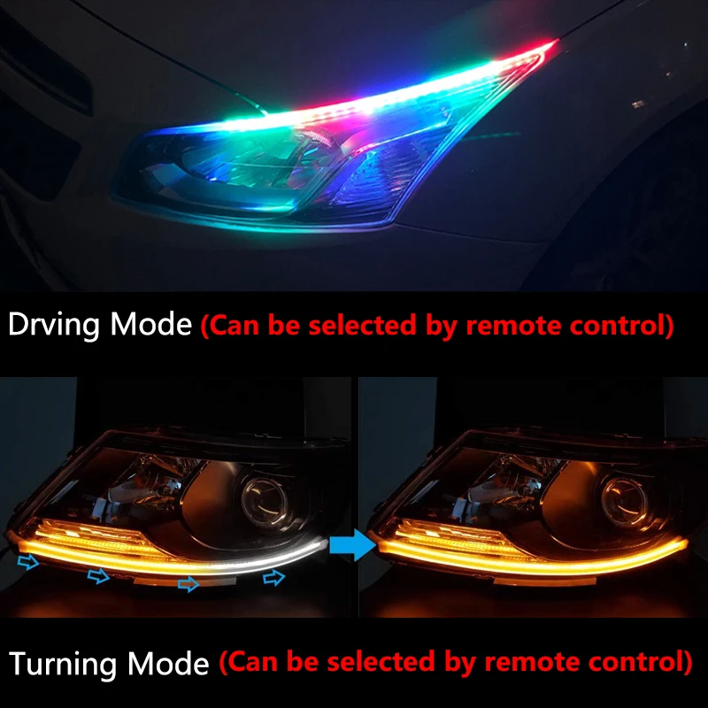 2X Sequential Flowing RGB Daytime Running Light DRL Multi Color LED Strip Turn Signal Lights For Headlight