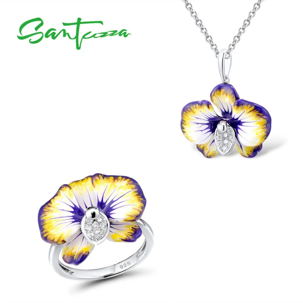 

SANTUZZA Silver Jewelry Set For Women Yellow Flower Ring Pendant Set 925 Sterling Silver Chic Fashion Jewelry HANDMADE Enamel
