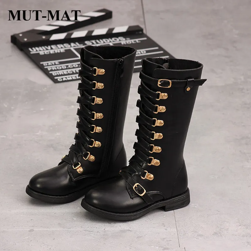 kids shoes Martin Boots Girls Warm Fashion Metal button Knee-high boots quality leather Waterproof Warming Short Plush boots