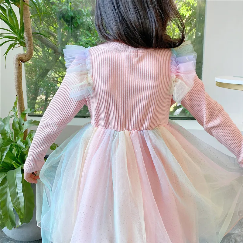 Ruffle Party Dress Girls Long Sleeve Cotton Ruffle Party Princess Dress Girl Sequin Rainbow Mesh Dress