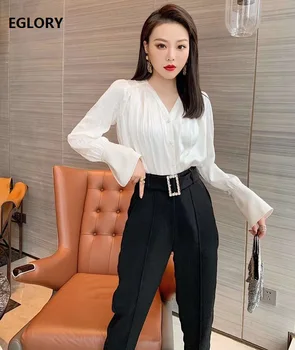

High Quality Work Suit 2020 Summer Pant Sets Women V-Neck Long Sleeve White Shirts+High Waist Pants & Capris Set Two Pieces
