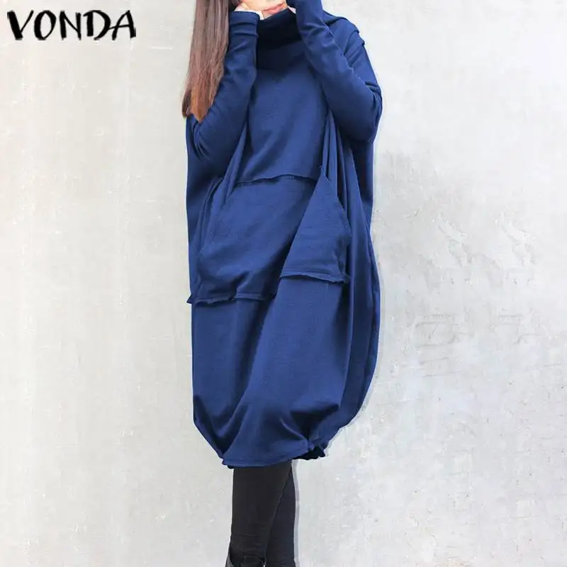 

Sweatshirts Women Autumn Dress 2019 VONDA Female Casual Loose Pockets Sleeve Hoody Dress Plus Size Sundress Femme Robe