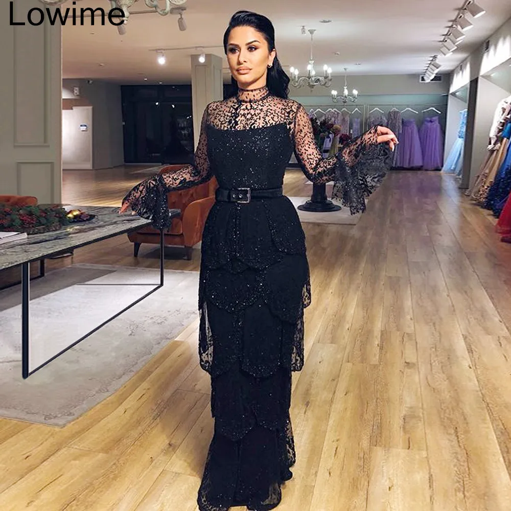 Новые модные черные длинные Prom Dress Mermaid Бисер одежда с длинным рукавом вечернее Черное кружево с длинным рукавом вечернее платье с многоярусные Саше женские вечерние платья