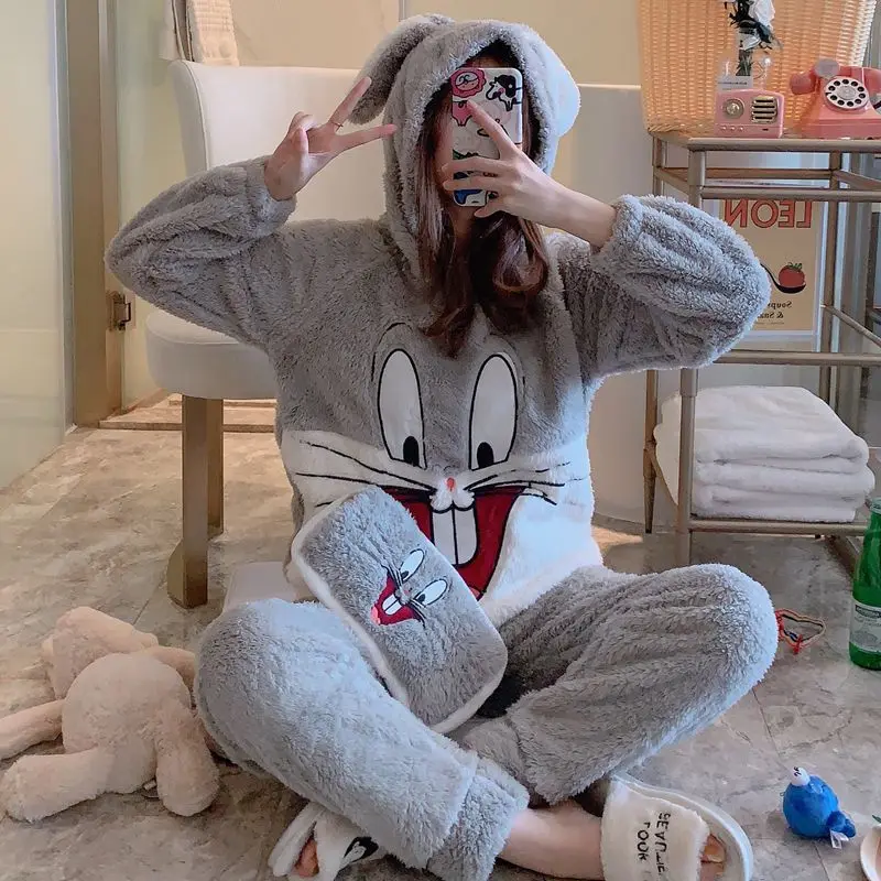 

Winter Coral Velvet Plush Women's Pajamas Set Thick Flannel Long Sleeve Cartoon Pajama Sets Female Rabbit Warm Home Clothes