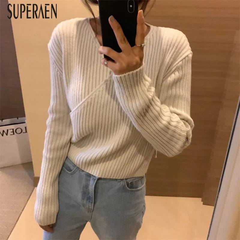 

SuperAen Korean Style Pullovers Sweaters 2019 New Autumn and Winter Ladies Sweaters V-neck Long-sleeved Fashion Knit Tops Women