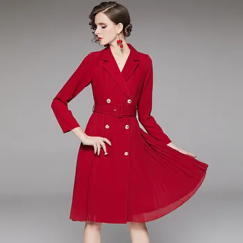

Elegant Lady Office Dress Autumn Designers 2020 Fashion Clothing Women Notched Collar Long Sleeve Double Breasted Pleated Dress