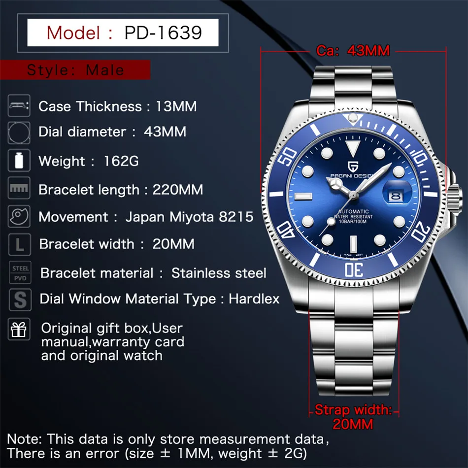 PAGANI Дизайн 100 м водонепроницаемые часы для мужчин бизнес роскошные механические модные Rolexable часы для мужчин Relogio Masculino
