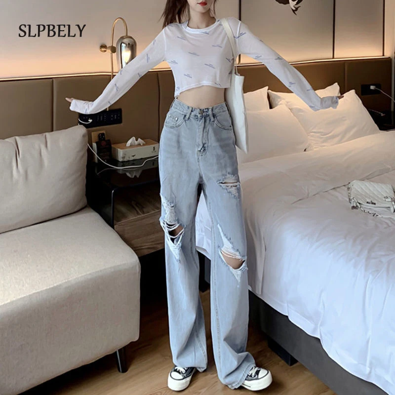 

SLPBELY Vintage Ripped Straight High Waist Jeans Women Hole Jean Female Denim Pencil Pants Casual Summer Denim Jeans Streetwear