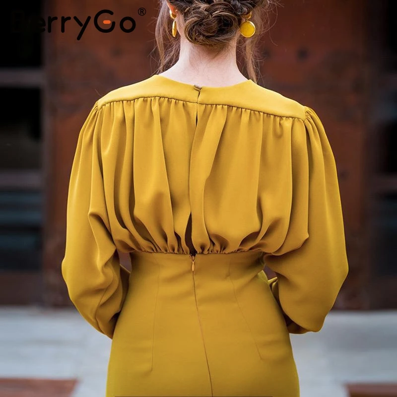 BerryGo элегантное облегающее офисное платье для женщин, рукав летучая мышь, осенние платья русалки для женщин, v-образный вырез, высокая талия, тонкие женские платья