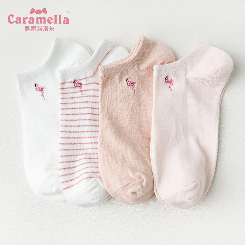 CARAMELLA Весна и лето женские низкие лайнеры носки 4 двойной коробки женские хлопковые носки Фламинго вышитые женские лодки