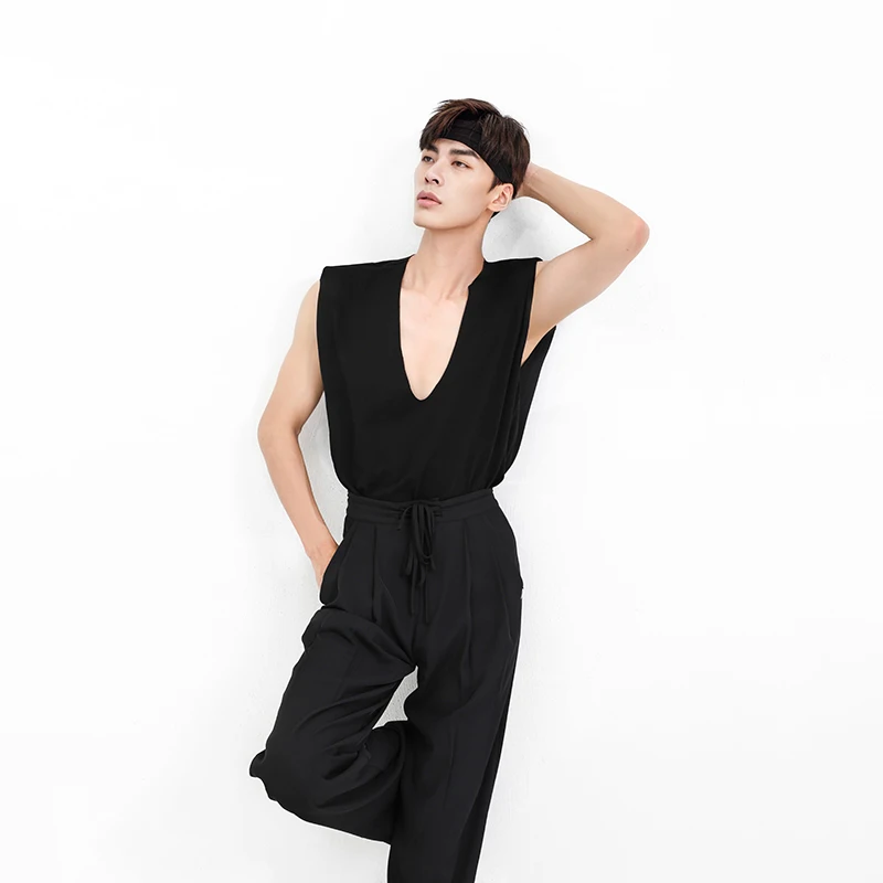 

2021 Latin Dance Top For Men V-Neck Design Vest With Shoulder Pads Latin Dance Practice Clothes Male Latin Dance Clothes SL5027