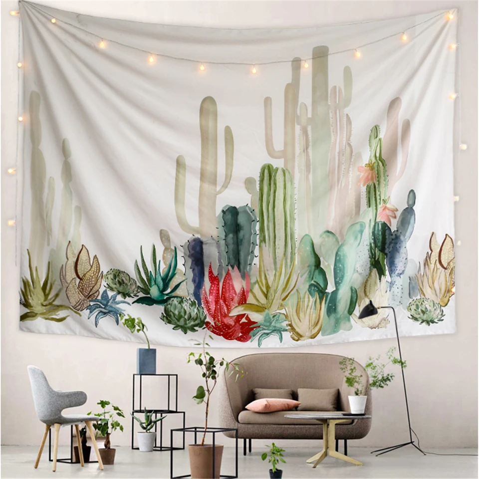 Drop Ship Watercolor Cactus Tapestry Wall Hanging Green Plants Bohemian Decor Wall Carpet