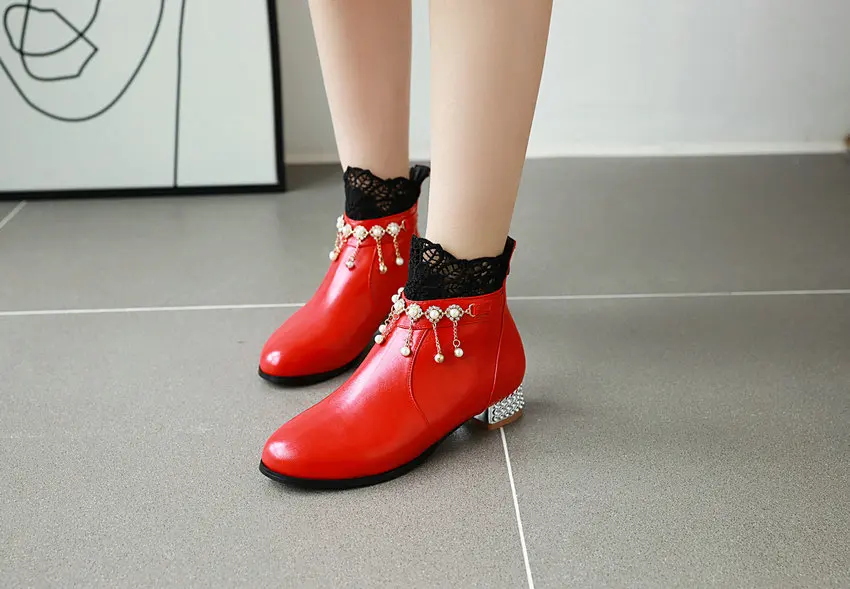 QUTAA/ г. Модные ботильоны из PU искусственной кожи с круглым носком и кружевом женская обувь на молнии на квадратном низком каблуке с завязками размеры 34-43
