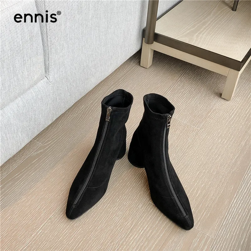 ENNIS/ г., дизайнерские эластичные сапоги на молнии, передний багажник женское из микрофибры ботильоны с острым носком на не сужающемся книзу массивном каблуке Осенняя обувь новинка, A9155
