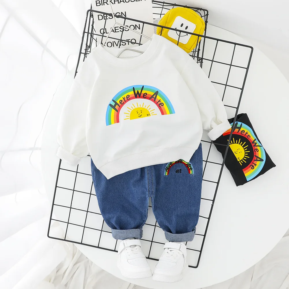 Spring Infant Clothing For Baby Boy Set Rainbow Pattern Hoodie Top+Denim Suspenders Pants 2pcs Black White Cotton Toddler Suit