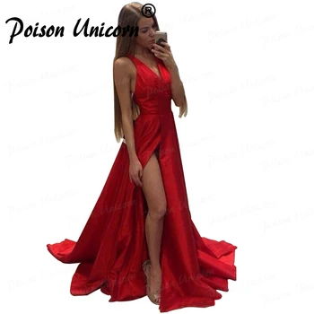 

Red Muslim Evening Dress 2020 Sexy V-Neck High Slit Satin A-Line Long Prom Dresses robe de soiree