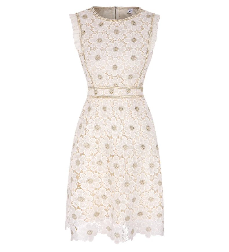 Women Lace Embroidery Dresses For Party 2021 Women'S Summer New Temperament Slim Round Neck High Waist Fashion Dress Office Lady