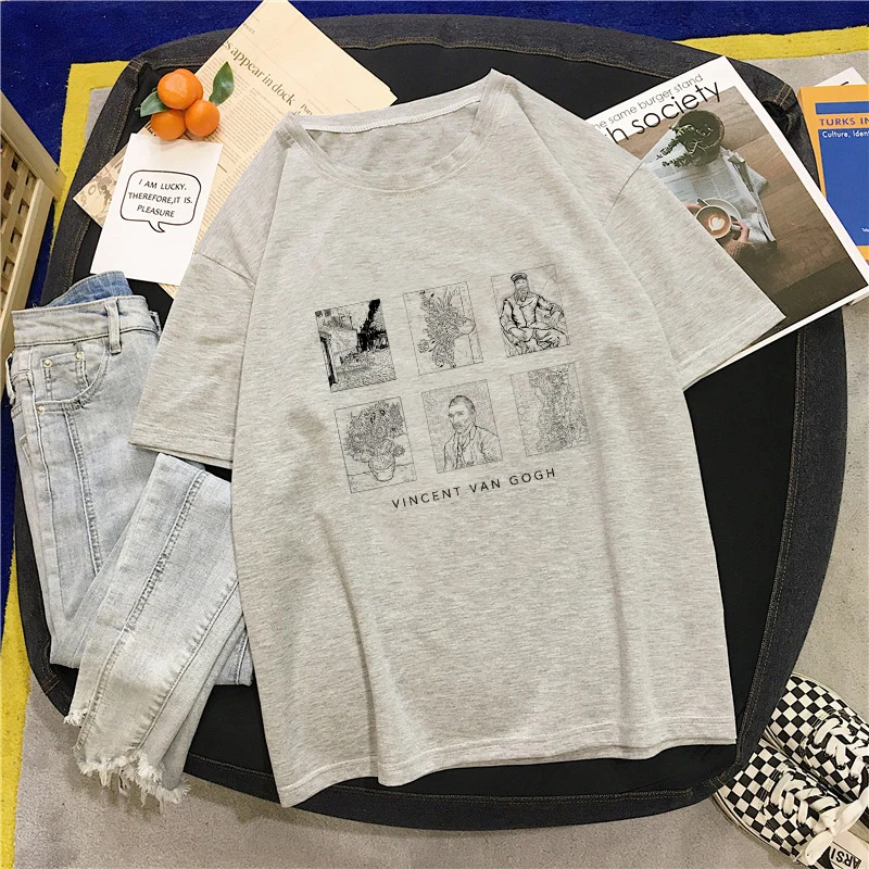 Ulzzang Harajuku Funny Black and White Drawing David Print Short Sleeve T-Shirt Large Size Loose O-neck Casual Women T-Shirt