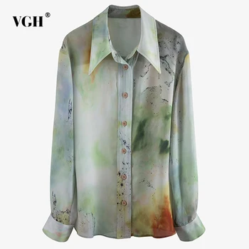 

VGH Vintage Print Loose Women Blouses Lapel Collar Lantern Long Sleeve Asymmetrical Hit Color Shirts For Female Fashion Clothing