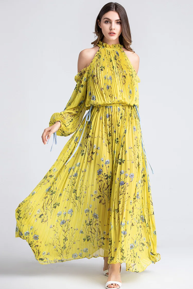 VKBN свободное кружевное платье с длинными рукавами Длина по щиколотку Плиссированное с плеча шеи желтые сексуальные вечерние платья