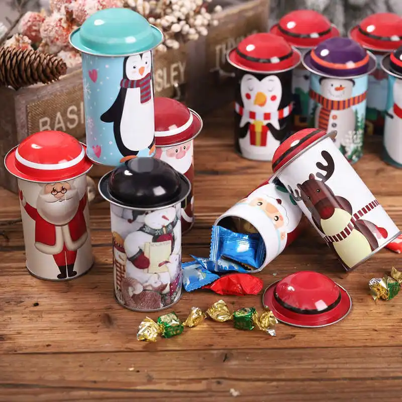 Рождественские жестяные банки для конфет и печенья подарочный контейнер для хранения закусок с милой печатью украшения дома случайный узор