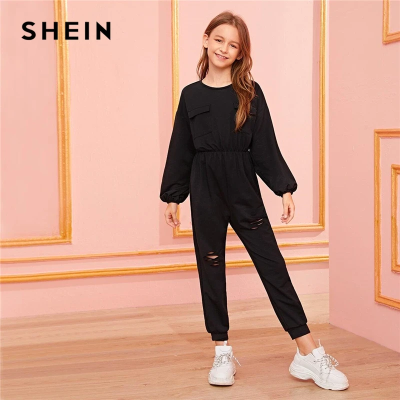 SHEIN Kiddie черный однотонный лоскутный карман заплатка разрез сзади рваные Толстовка комбинезон осень с длинным рукавом для девочек повседневные Комбинезоны