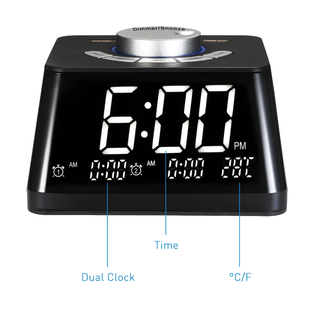 USB/батарея будильники Регулируемый громкость дисплей температура диммер двойной цифровой будильник с FM радио настольные часы
