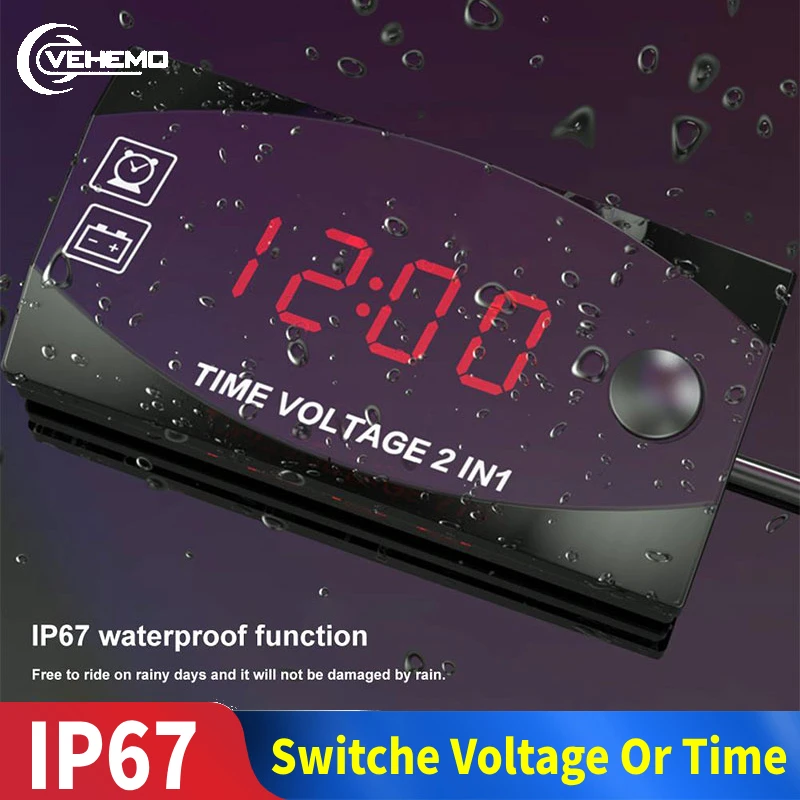

6V-30V 2-in-1 LED Voltmeter For Motorcycle Electric Vehicle Time Clock Multi-function With Digital Display