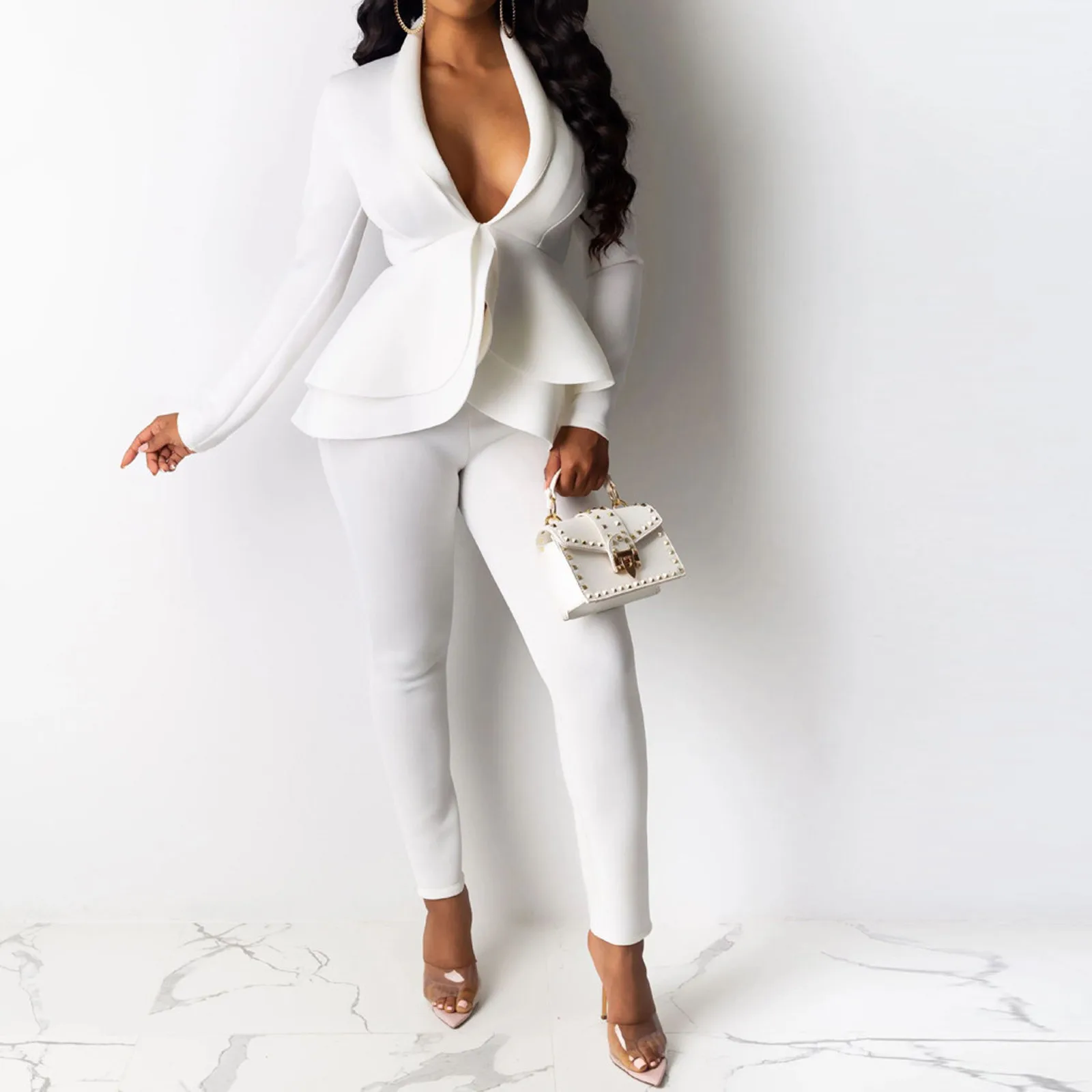 Two Piece Set Women Outfit 2021 Fashion Clothing Blazer Suit Solid V-neck Ruffles Patchwork Long Sleeve Coat Pants Suit 1