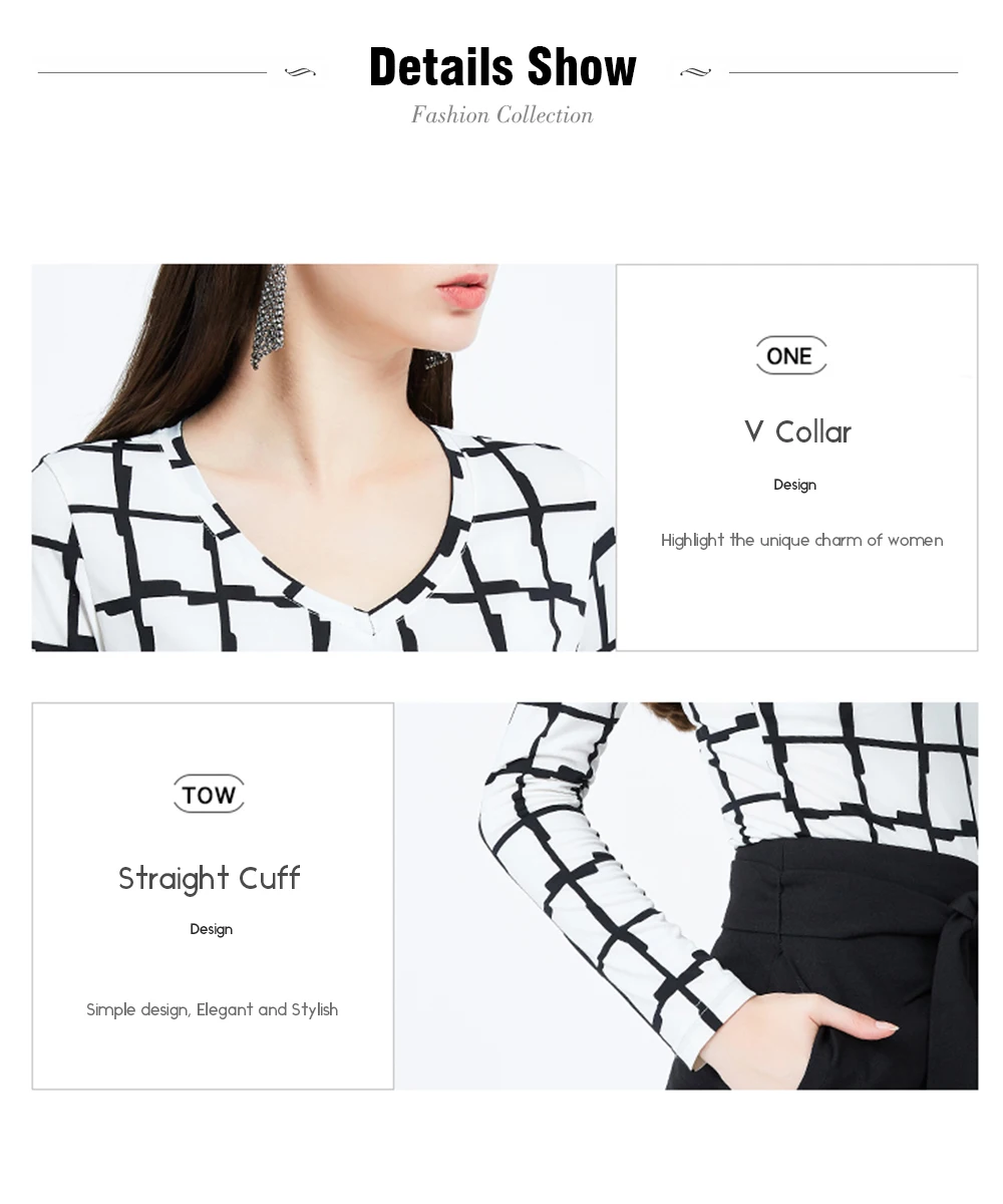 new women's T-shirt long sleeve T-shirt autumn fashion Urban Simple V-neck Plaid top