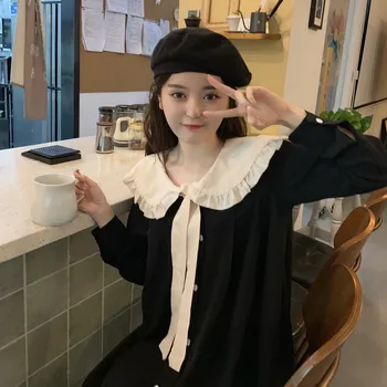 

Korean College Autumn New Dress Sweet Peter Pan Collar Kawaii Full Sleeve Vintage Double Breasted Loose Hit Color Student Dress