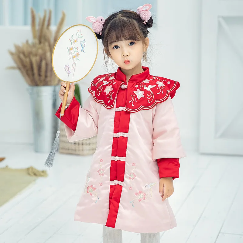 Hanfu/стеганое платье для девочек; зимнее теплое детское платье с вышивкой; детское рождественское платье; одежда принцессы на год - Цвет: pink